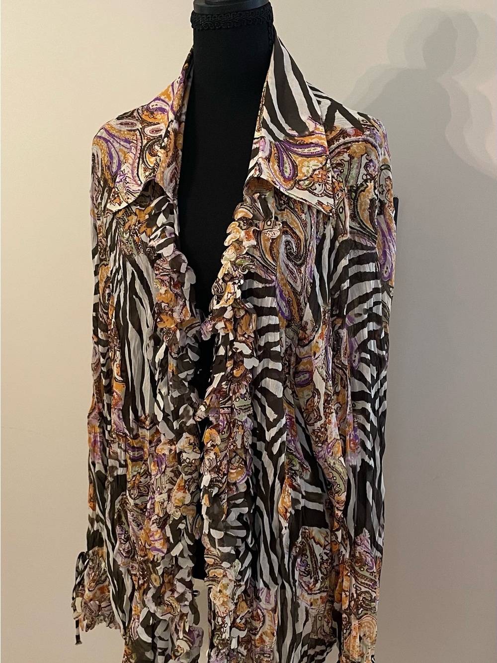 Violet & Claire Paisley Zebra Print V-Neck Crinkle Blouse Ruffle Ties Artsy 3X